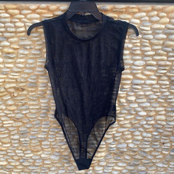 NWOT New Good American Good Body Bad Girl Black Rhinestone Sheer Bodysuit Small - Picture 6 of 13
